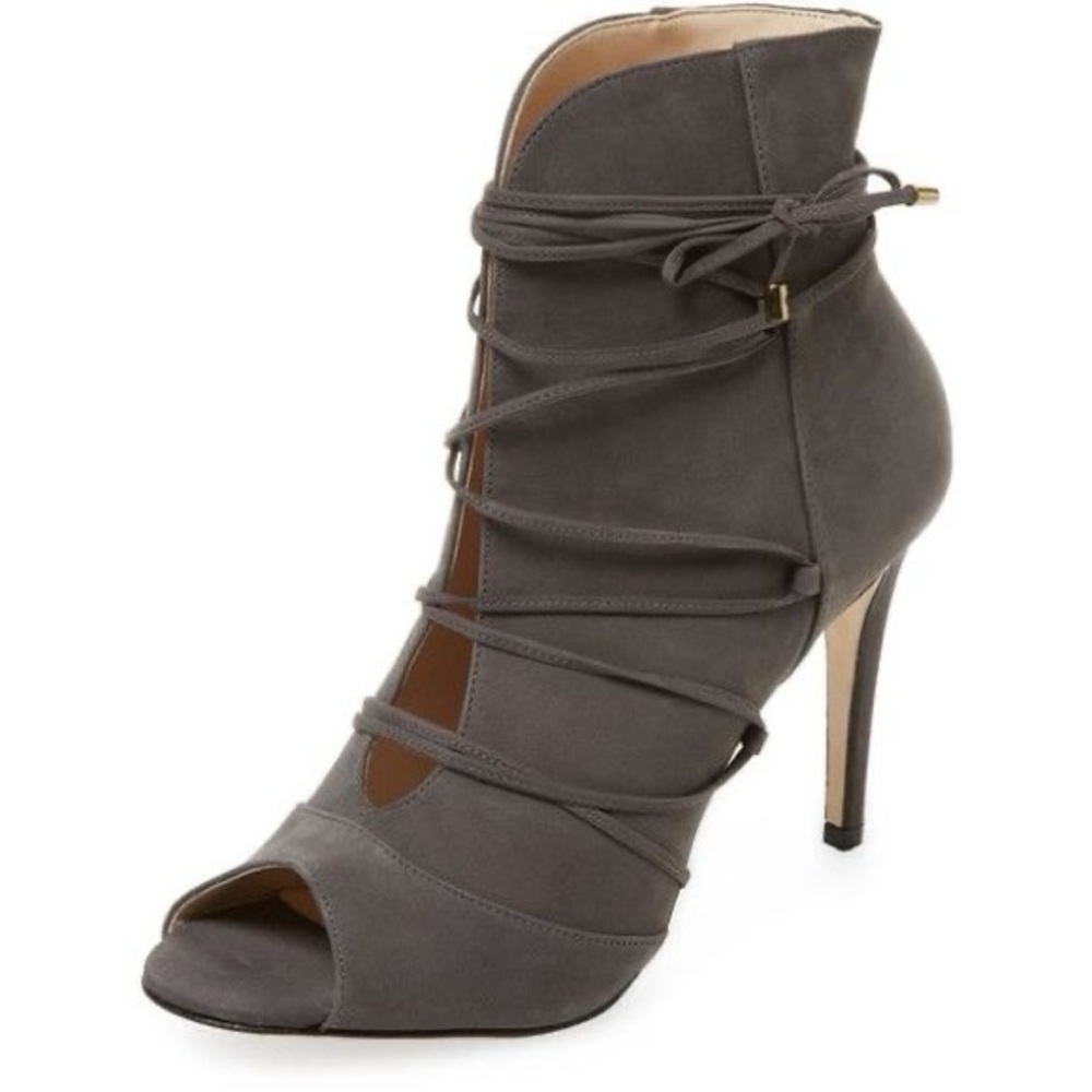 8. Elorie Grey Suede “Madelin” Peep-Toe Stiletto Bootie with wrap around laces.